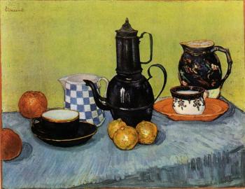 文森特 威廉 梵高 靜物，藍色搪瓷咖啡壺、陶器和水果
